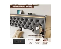 gaomon Queen Led Bed Frame with Charging Station, Velvet Upholstered Platform Bed Frame with Button Wingback Headboard, Metal Frame with No Box Spring
