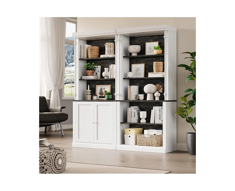 gaomon Tall Storage Bookcase with 3-Tier Open Shelves and Double Door, Roman Column Design and 4 Adjustable Lights, White & Black Wood Grain Display S