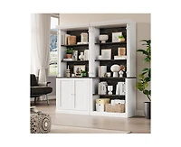gaomon Tall Storage Bookcase with 3-Tier Open Shelves and Double Door, Roman Column Design and 4 Adjustable Lights, White & Black Wood Grain Display S