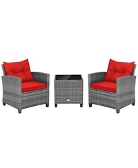 Gouun 3 Pieces Outdoor Wicker Conversation Set With Tempered Glass Tabletop