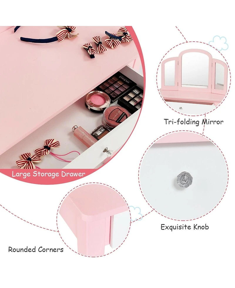 Gouun Kids Princess Make Up Dressing Table with Tri-folding Mirror and Chair