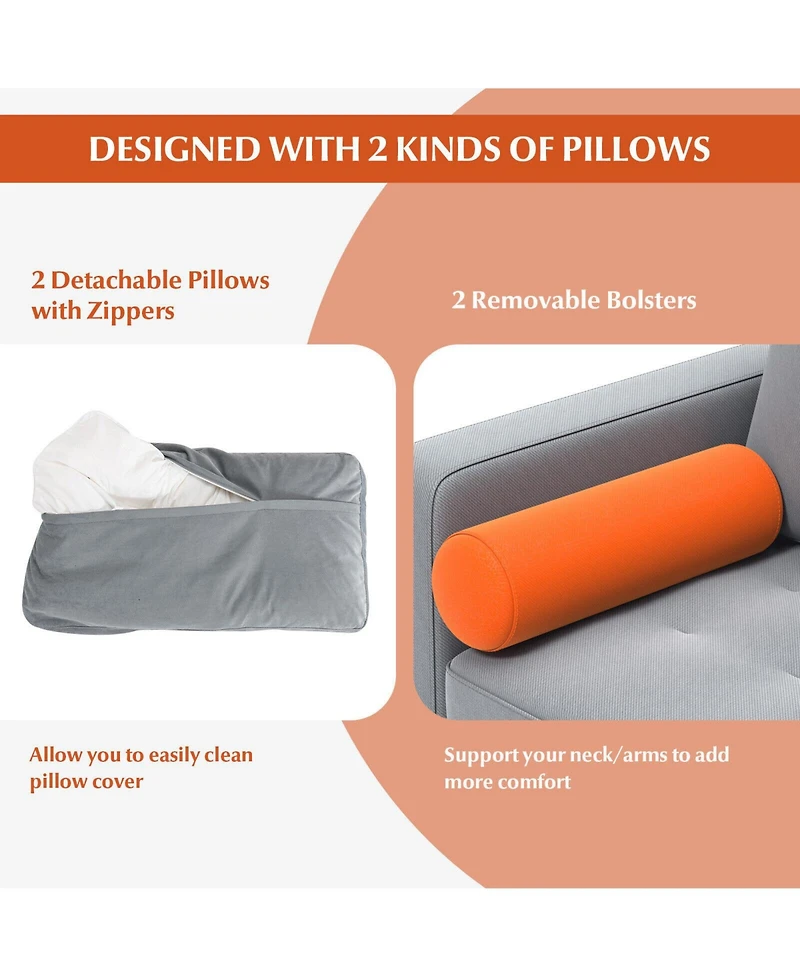 Modern Loveseat Sofa with 2 Bolsters and Side Storage Pocket