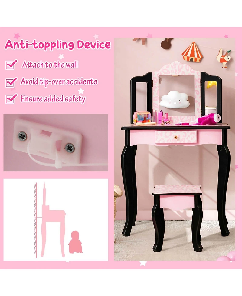Gouun Kid Vanity Set with Tri-Folding Mirror and Leopard Print