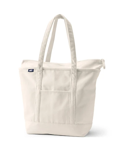 Lands' End Large Natural 5 Pocket Zip Top Long Handle Canvas Tote Bag