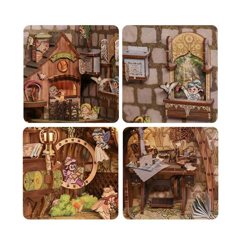 Cutebee Diy Book Nook Kit with Dust Cover Led Light Booknook Diy Miniature House Dollhouse Kit Bookshelf Decor Alley Model Gifts (Elves Paradise