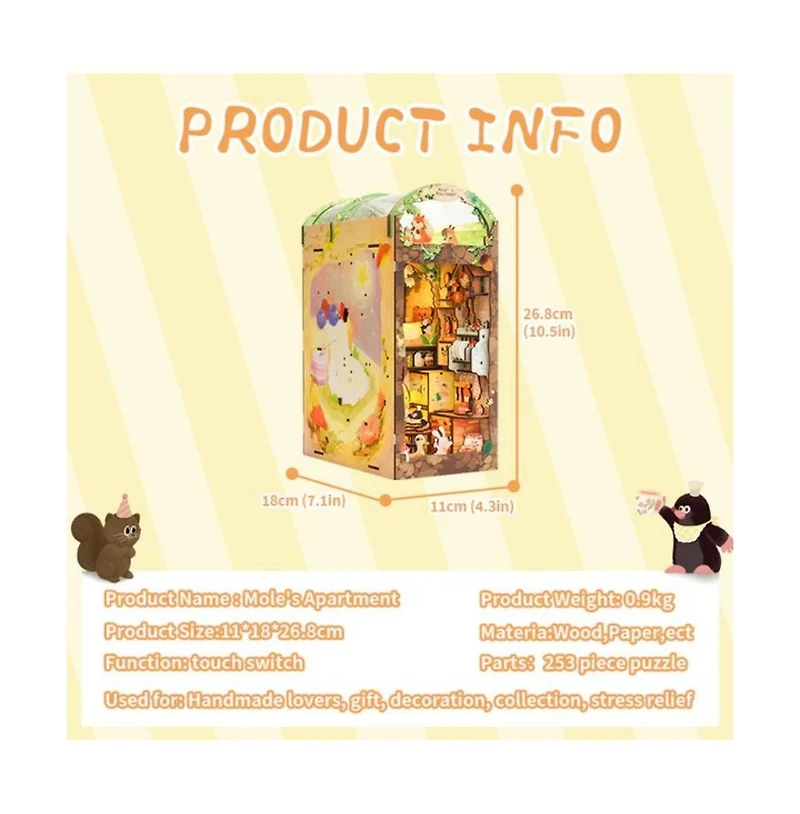 Cutebee Diy Book Nook Kit Diy Miniature House Dollhouse Kit for Adult and Teens, Booknook Bookshelf Decor with Led Light, Gifts (Mole's Apartment