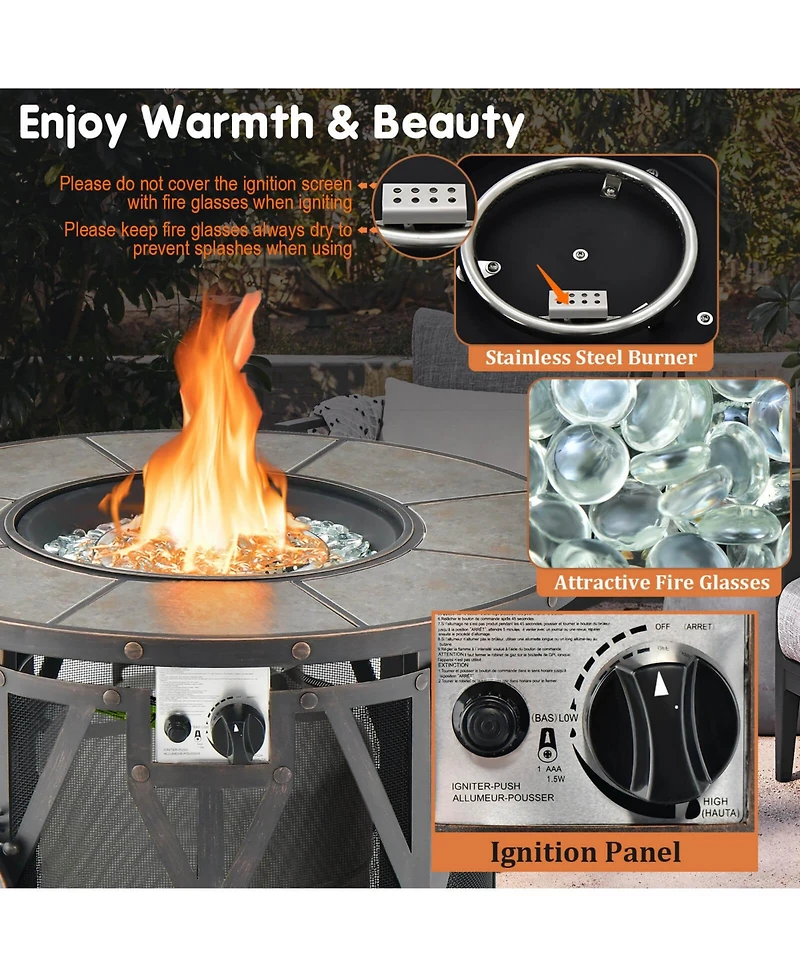 Gouun 32 Inch 30000BTU Fire Pit Table with Fire Glasses and Pvc Cover