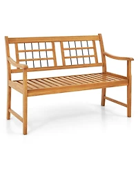 Gouun Patio Acacia Wood Bench with Curved Armrests Slatted Seat and Backrest