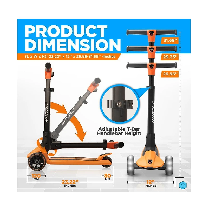 Hurtle 3-Wheel Foldable Kids Scooter With Led Wheel Lights - Orange
