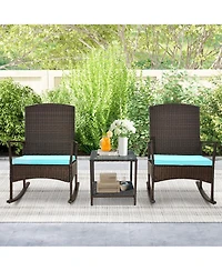 Gymax 3 Pieces Rocking Wicker Bistro Set Outdoor Front Porch Rocker Chairs Conversation Turquoise