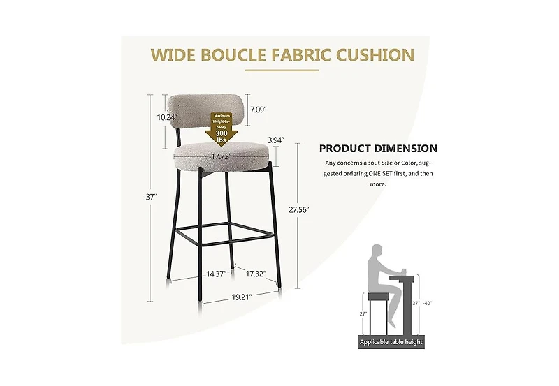 Dyhome Bar Stools Set of 3, 27 Inches Counter Height Kitchen Bar Stools with Back, Modern Metal Tall Bar Stools for Kitchen Island