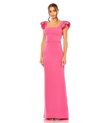 Women's Ruffle Cap Sleeve Open Back Column Gown