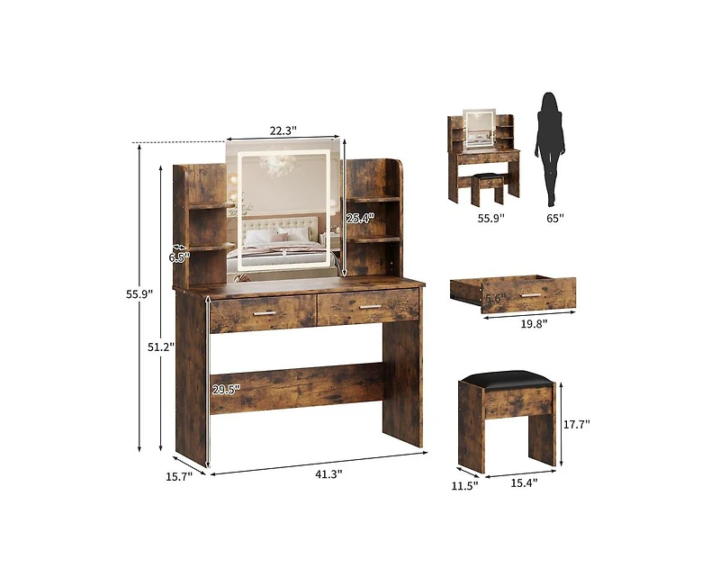 gaomon Vanity Desk with Mirror and Lights, Makeup Vanity Set w/Desk and Stool, Power Outlet, Vanity Table w/6 Storage Shelves