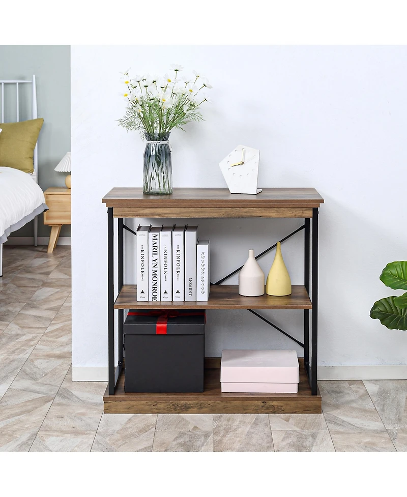 Homcom 2-Tier Shelf, Modern Style Bookshelf with Metal Frame for Living Room, Bedroom, and Office, Brown