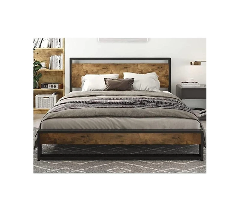 Modern Farmhouse Platform Bed Frame with Wood Panel Headboard Footboard