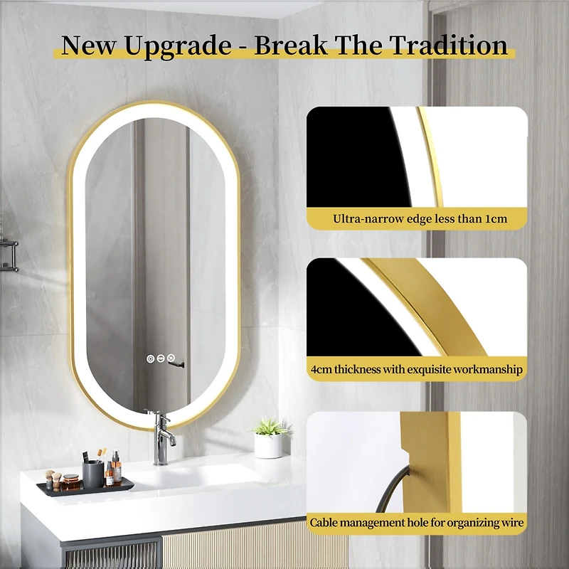 Wisfor Oval Led Bathroom Mirror Gold Frame Makeup Mirror Anti-Fog Stepless Dimming 3 Color