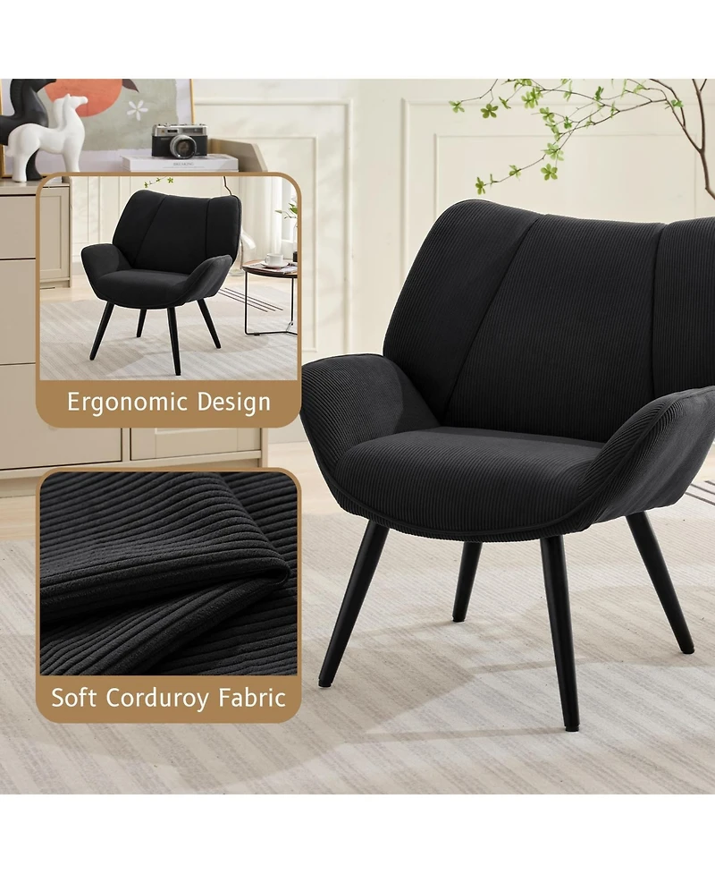 Modern Mid-Century Accent Armchair, Comfortable Single Sofa for Living Room, Bedroom, or Office, Corduroy Upholstered Reading Chair with Wingback Arms