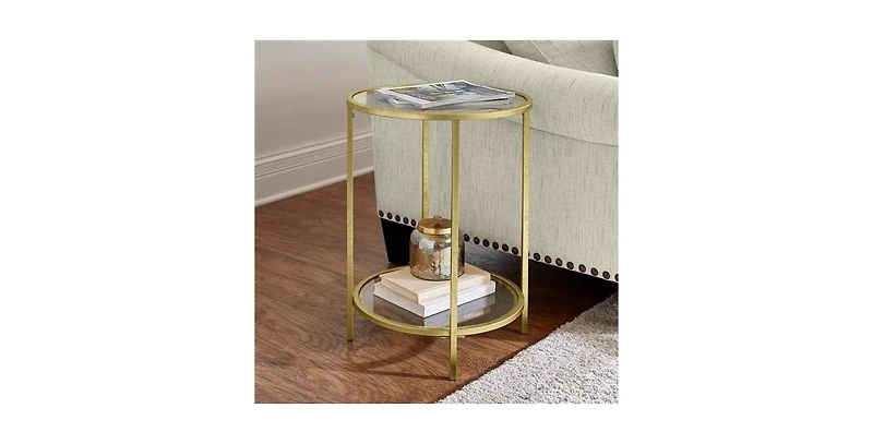 Slickblue Round Accent Side Table Metal Glass Top Bottom Shelf End Table