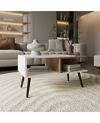 Drexel Coffee Table, 2 Shelves, 4 legs, White / Natural Oak