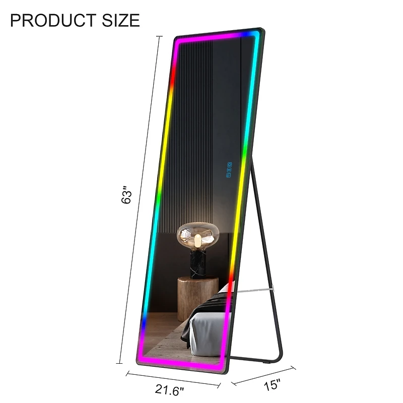 Vlsrka Wall-mounted or freestanding rectangular full-length mirror with adjustable Rgb lighting.