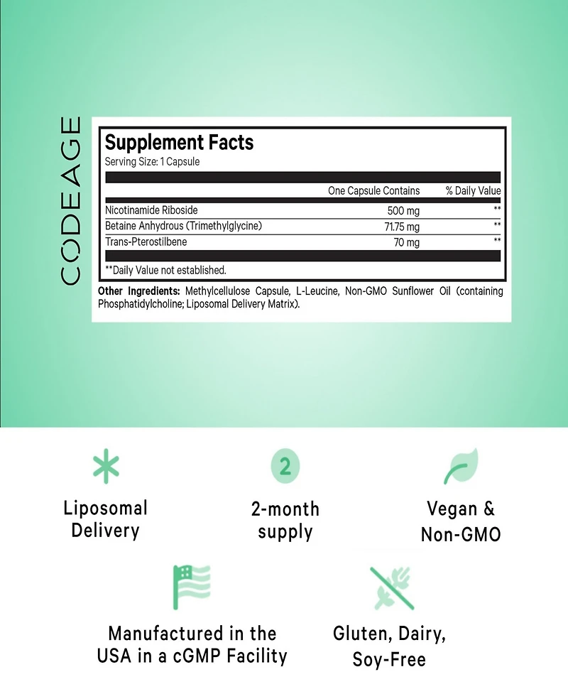 Codeage Liposomal Nicotinamide Riboside+ Supplement - 500 mg Nicotinamide Riboside - Betaine Anhydrous, Trans-Pterostilbene