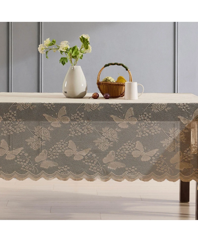 Hlc.me Butterfly Floral Lace Fabric Tablecloth, Lace Fabric Table Cloth for Round Tables, Wrinkle Resistant, Patterned Scalloped