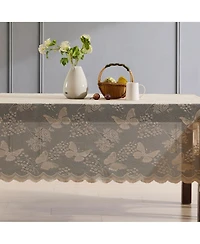 Hlc.me Butterfly Floral Lace Fabric Tablecloth, Lace Fabric Table Cloth for Round Tables, Wrinkle Resistant, Patterned Scalloped