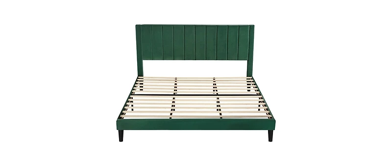 Velvet Upholstered Platform Bed Frame with Headboard – Modern Bed with Wood Slats, No Box Spring Needed