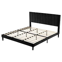 Velvet Upholstered Platform Bed Frame with Headboard – Modern Wood Slats, No Box Spring Needed