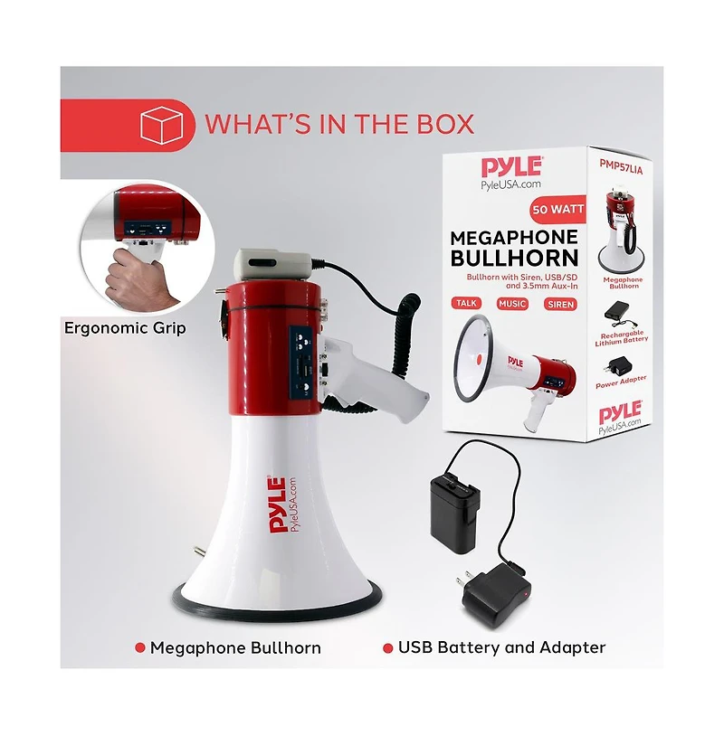 Pyle 50-Watt Portable Megaphone with Usb/Sd Readers, MP3 Playback, Siren Mode, Rechargeable Battery, Wired Handheld Microphone