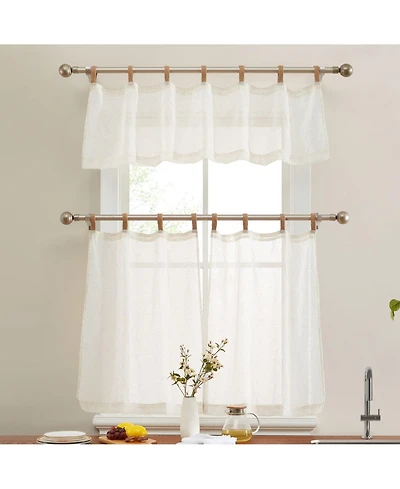 Hlc.me Lena Burlap Flax Linen Semi Sheer 3 Piece Kitchen Curtains Set, Light Filtering Transparent Window Tab Top Valance + Tiers Set (Natural Linen)