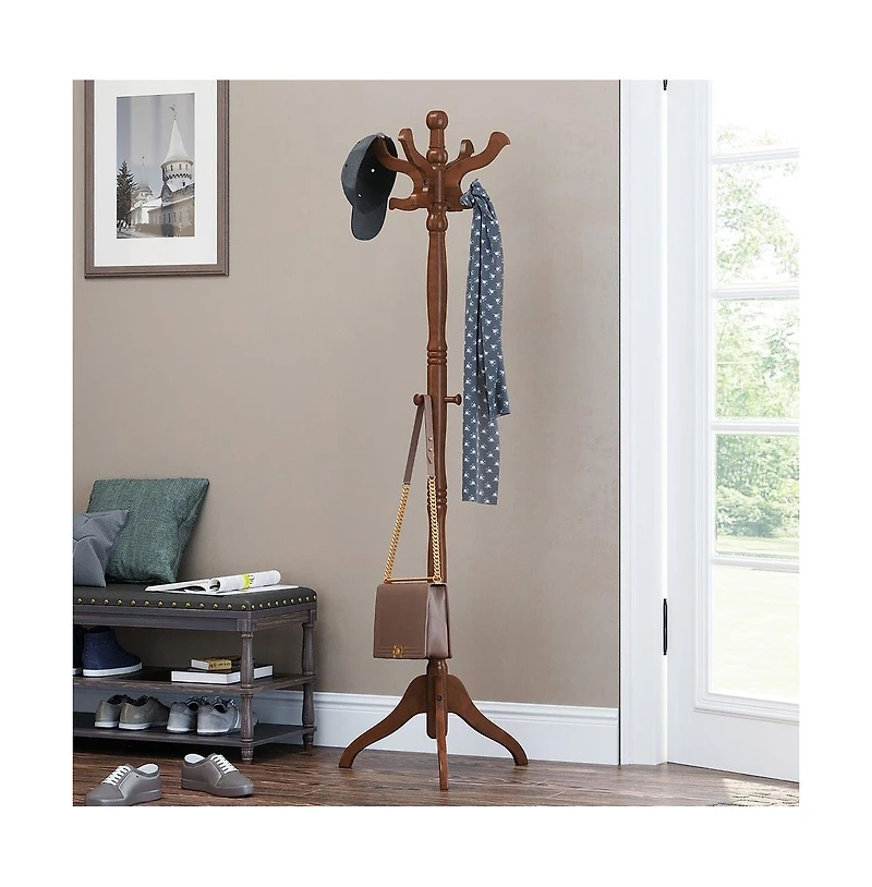 Solid Wood Coat Rack Stand – Traditional Hall Tree with Multiple Hooks for Entryway or Bedroom