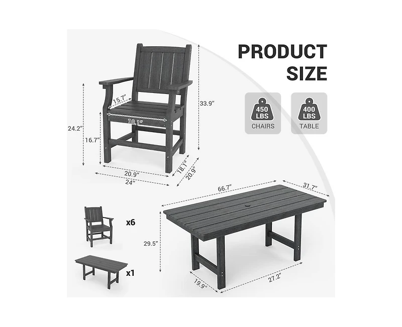 Gray 5/7-Piece Hdpe Plastic Patio Outdoor Dining Set with Arm Chairs