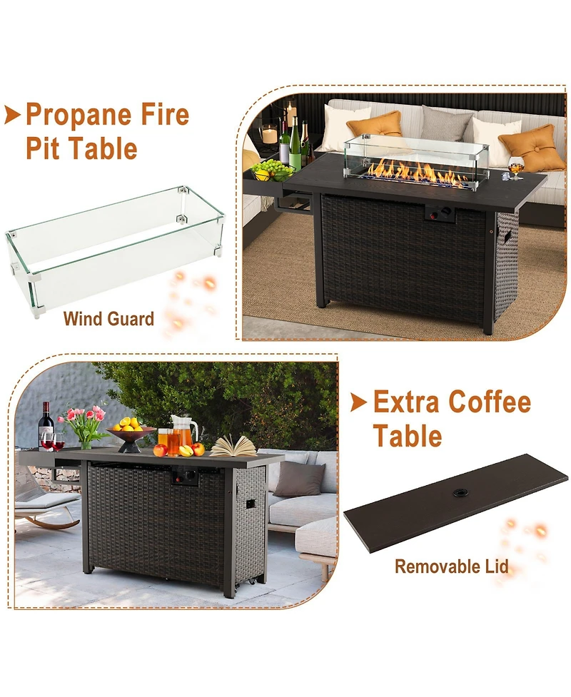 Gouun 52 Inches Outdoor Wicker Gas Fire Pit Propane Fire Table with Cover