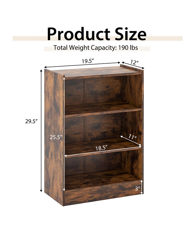 Gouun 3-Tier Bookcase Open Display Rack Cabinet with Adjustable Shelves