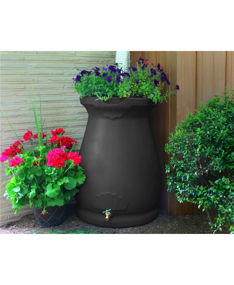 Slickblue Granite 65-Gallon Plastic Urn Rain Barrel with Planter Top for Water Conservation and Garden Use