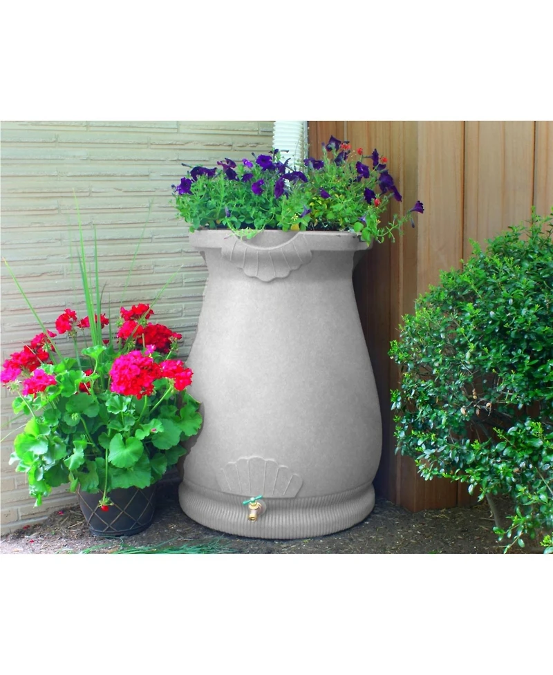 Slickblue Granite 65-Gallon Plastic Urn Rain Barrel with Planter Top for Water Conservation and Garden Use