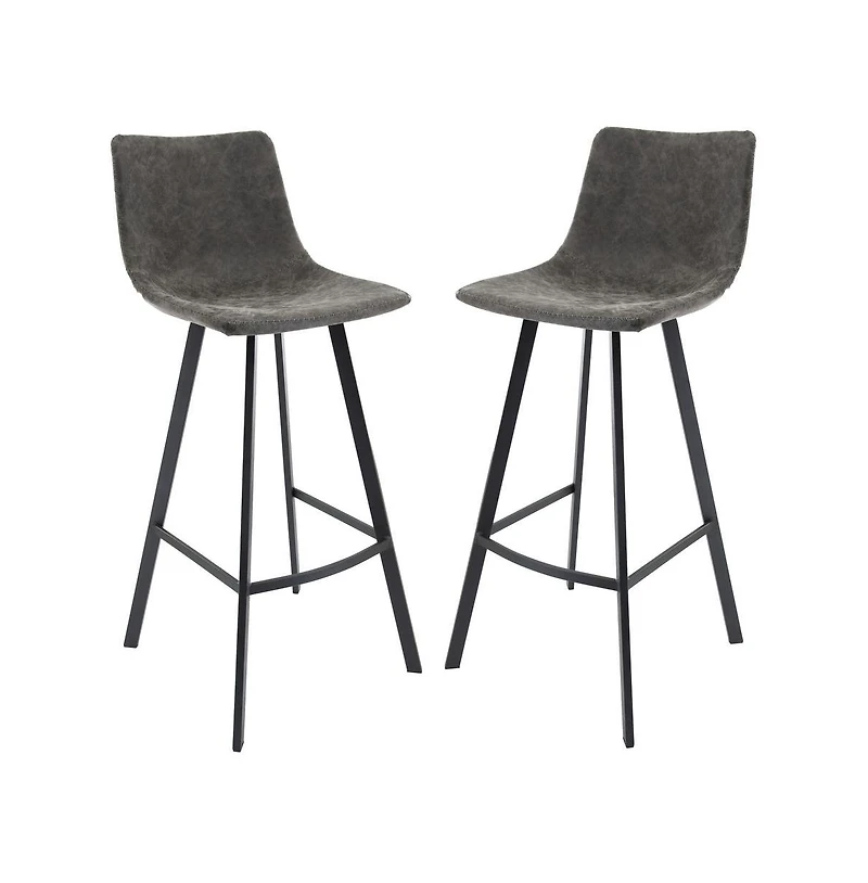 LeisureMod Elland Modern Upholstered Leather Bar Stool With Iron Legs & Footrest Set of 2
