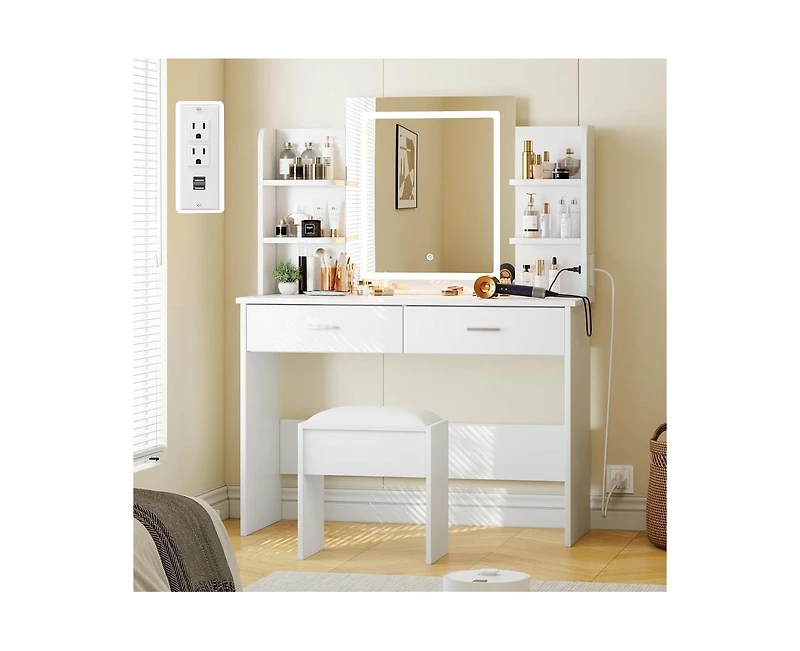 gaomon Vanity Desk with Mirror and Lights, Makeup Vanity Set w/Desk and Stool, Power Outlet, Makeup Vanity Desk with 6 Storage Shelves