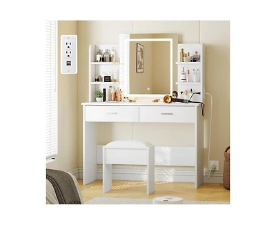 gaomon Vanity Desk with Mirror and Lights, Makeup Vanity Set w/Desk and Stool, Power Outlet, Makeup Vanity Desk with 6 Storage Shelves