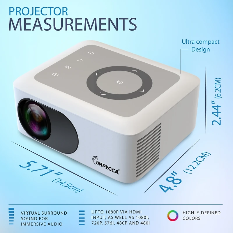 Impecca Portable Home Theater Projector, 80 Ansi Lumens, 720P, up to 120”