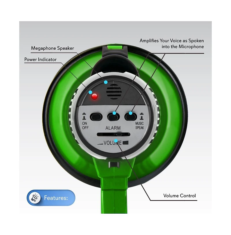 Pyle 30-Watt Portable Megaphone with Siren, Adjustable Volume, Lightweight, Battery Operated Green Bullhorn