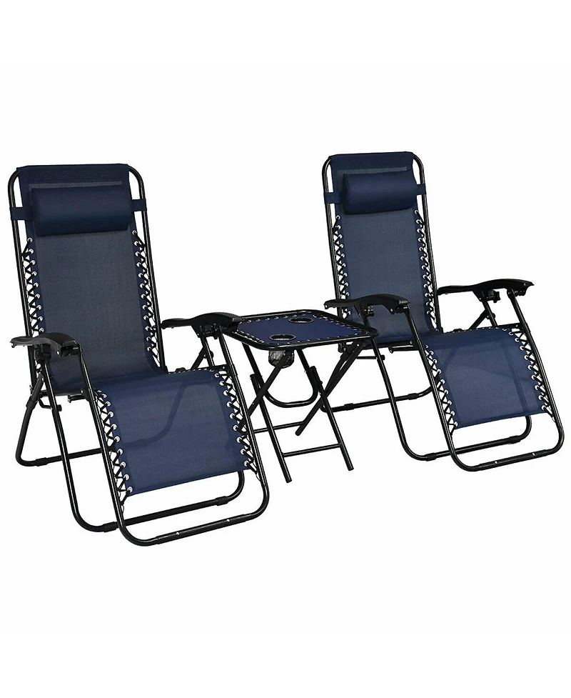 Gymax 3PCS Zero Gravity Recliner Lounge Chairs Pillows Table Portable Folding Navy