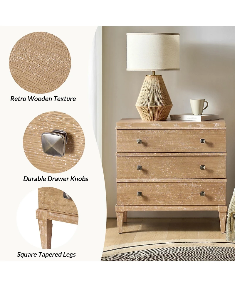 Hulala Home Ugo Transitional 3-Drawer Nightstand with Square Tapered Legs and Metal Knob