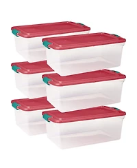 Homz 64 Qt Holiday Seasonal Decor Plastic Storage Bin with Latching Lid, 6 Pack
