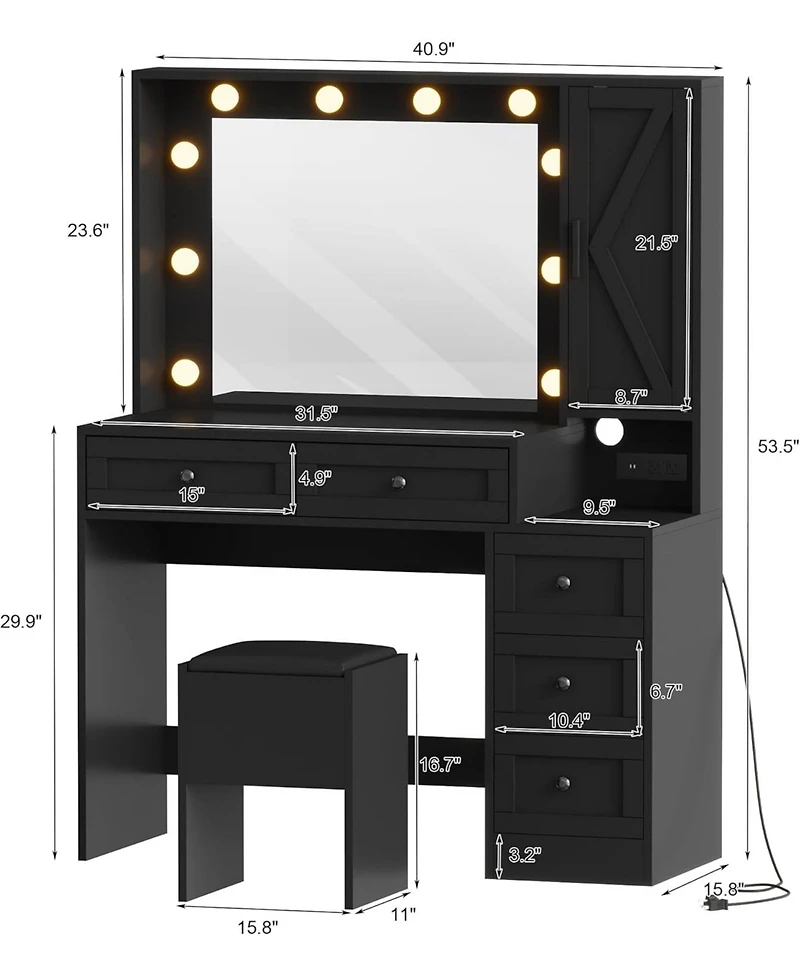 gaomon Makeup Vanity Stool Set, Small Desk with Lighted Mirror, Charging Station, 5 Drawers