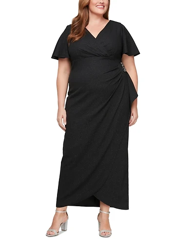 Sl Fashions Plus Size Glitter Flutter-Sleeve Side-Ruched Dress