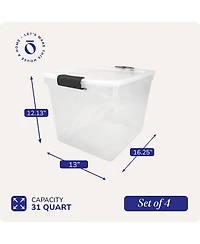 Homz Secure Latch Large Clear Stackable Storage Container Bin, 31 Quart, 4 Count