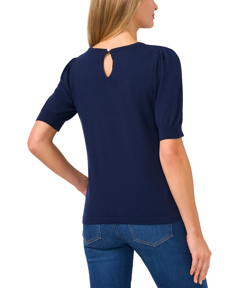 CeCe Women's Crewneck Puff Sleeve Cotton Sweater