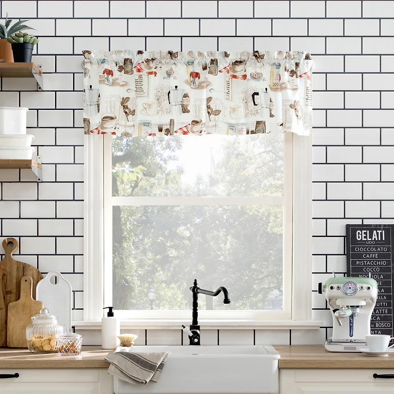 Brew Coffee Shop Semi-Sheer Rod Pocket Kitchen Curtain Valance and Tiers Set